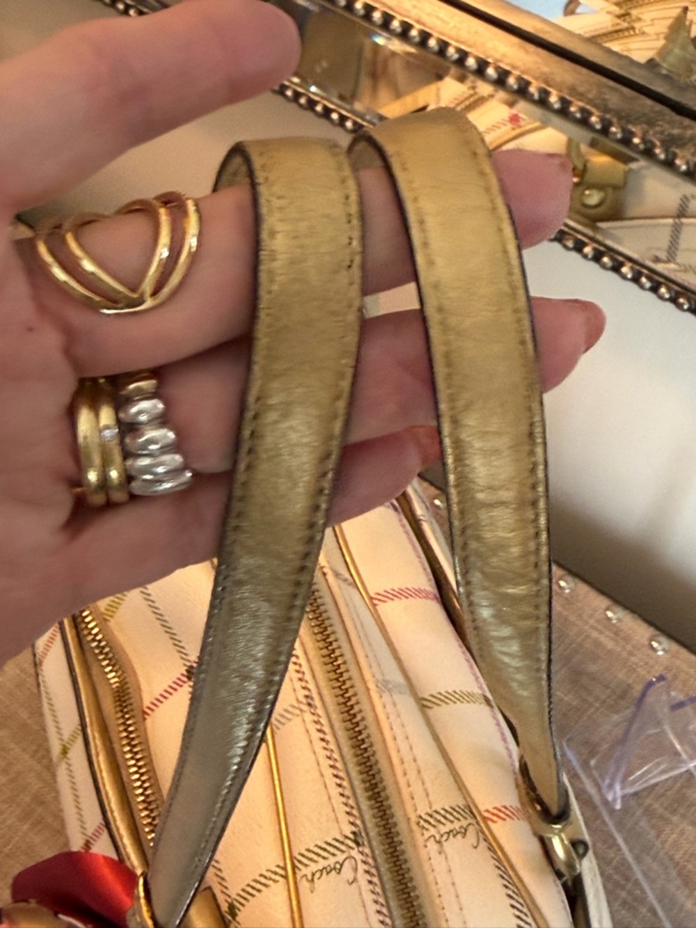 Coach White Plaid Satchel with Gold Straps and Red Charm - Picture 8 of 9